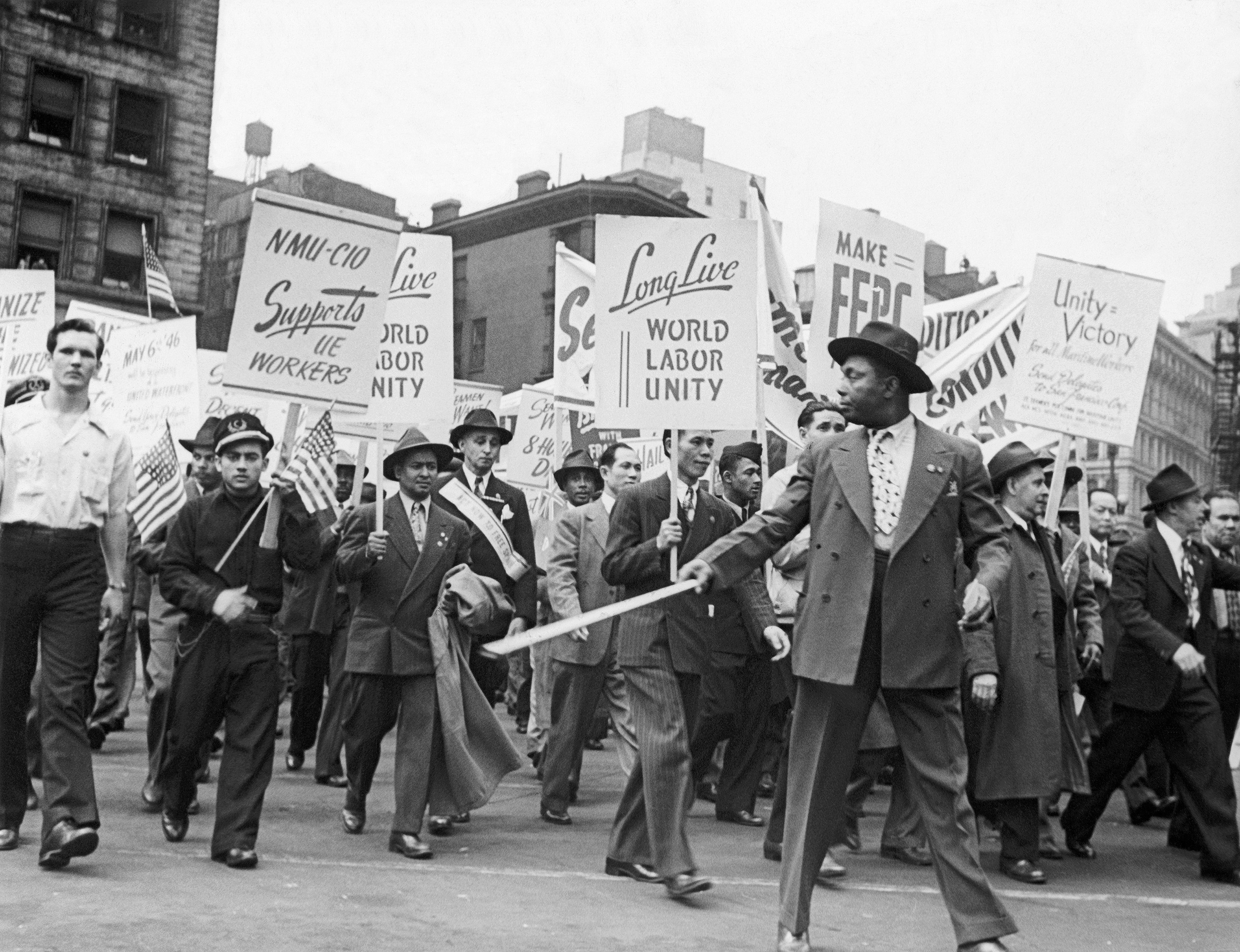 Diverse workers of various affiliations march together at a 1946 May Day parade in New York City. (Bettmann Archive via Getty Images)